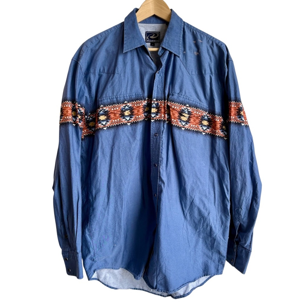Roper Blue Aztec Pattern Pearl Snap Long Sleeve Western Shirt Mens Large‎